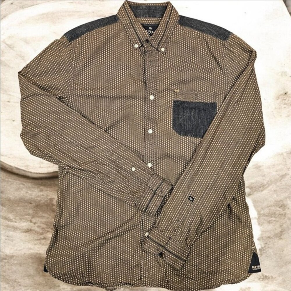 Buffalo David Bitton Slim Fit Mens Shirt M/M Brown Patterned Long Sleeve Cotton